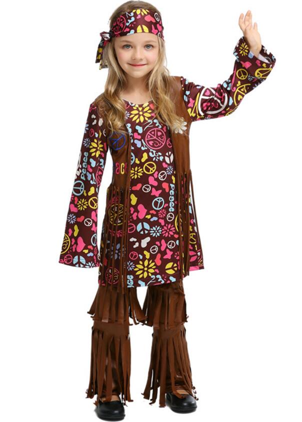 F68169 Kids Girls Hippie Costume Long Sleeve Fancy Dress